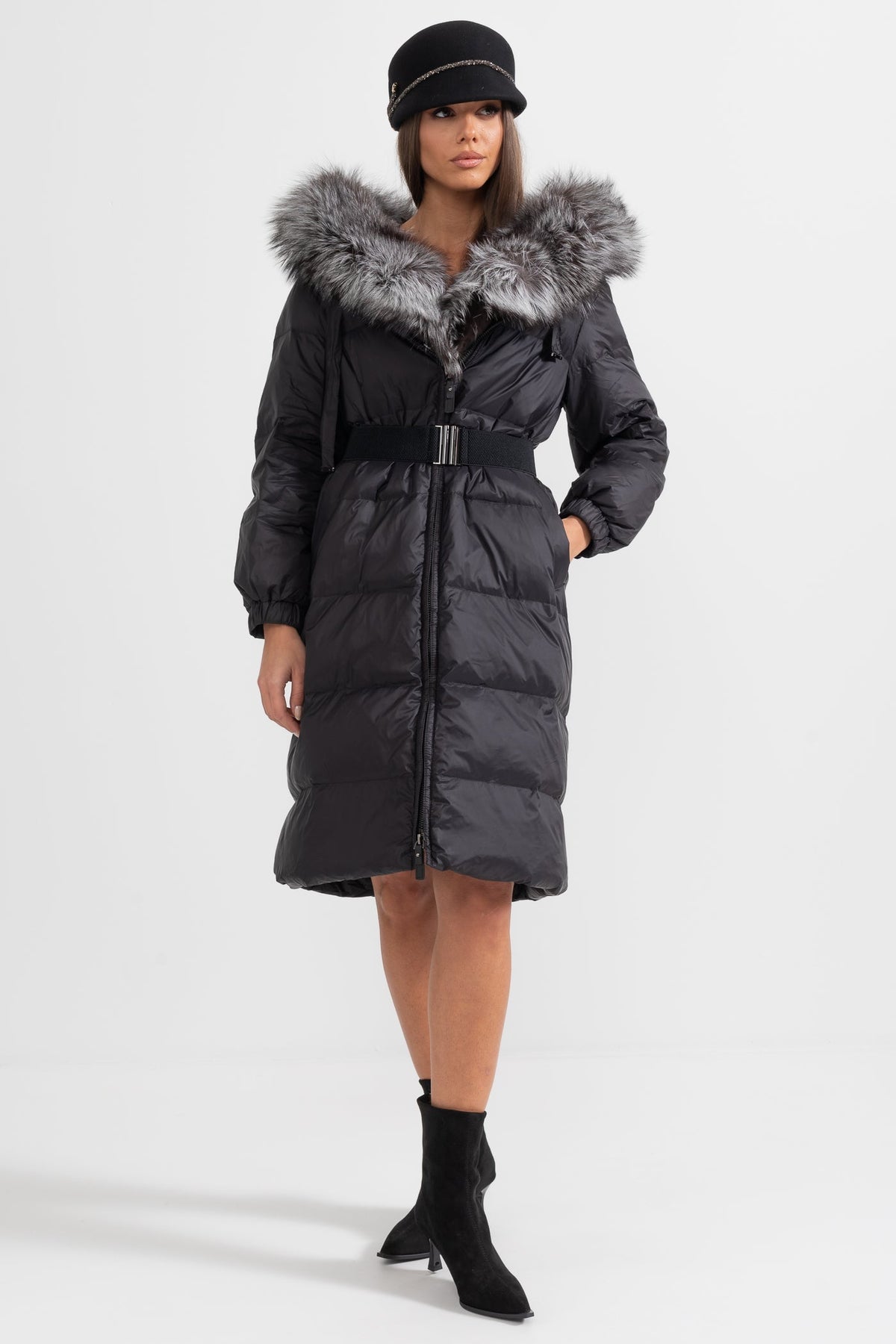 ATISSE – Women’s Long Puffer Jacket – Gray Fox Fur Hood – Black Down Winter Coat