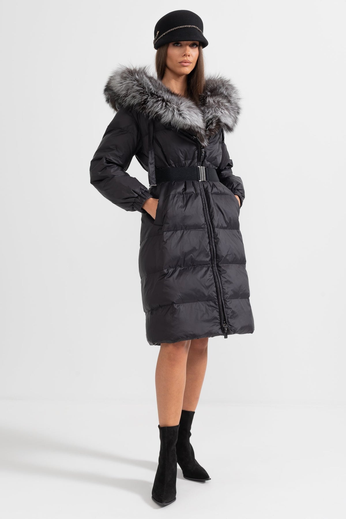 ATISSE – Women’s Long Puffer Jacket – Gray Fox Fur Hood – Black Down Winter Coat
