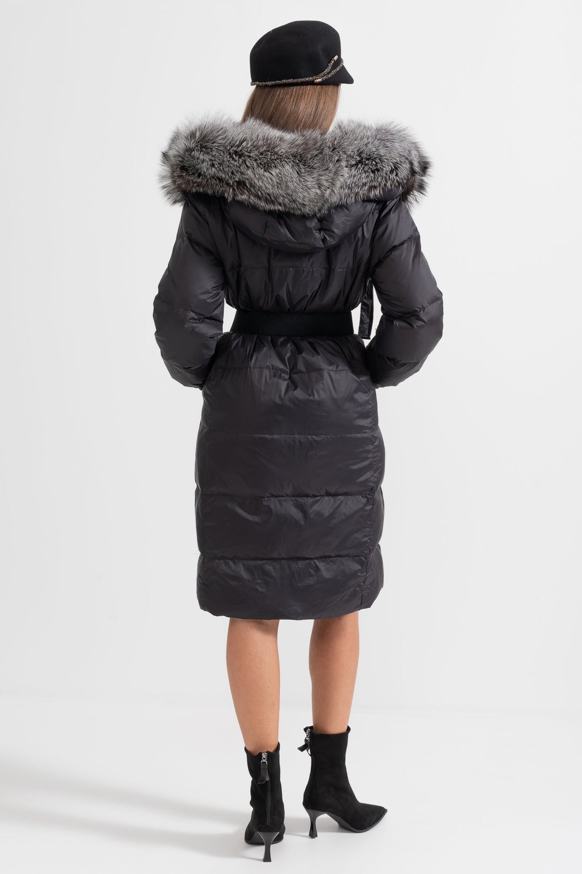 ATISSE – Women’s Long Puffer Jacket – Gray Fox Fur Hood – Black Down Winter Coat