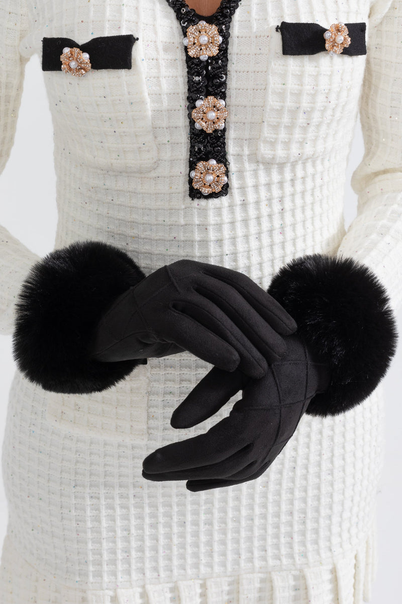ATISSE – Women’s Black Suede Gloves – Quilted Winter Gloves with Fur Cuffs