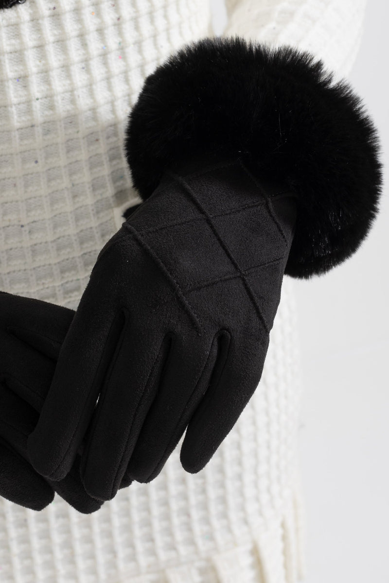 ATISSE – Women’s Black Suede Gloves – Quilted Winter Gloves with Fur Cuffs