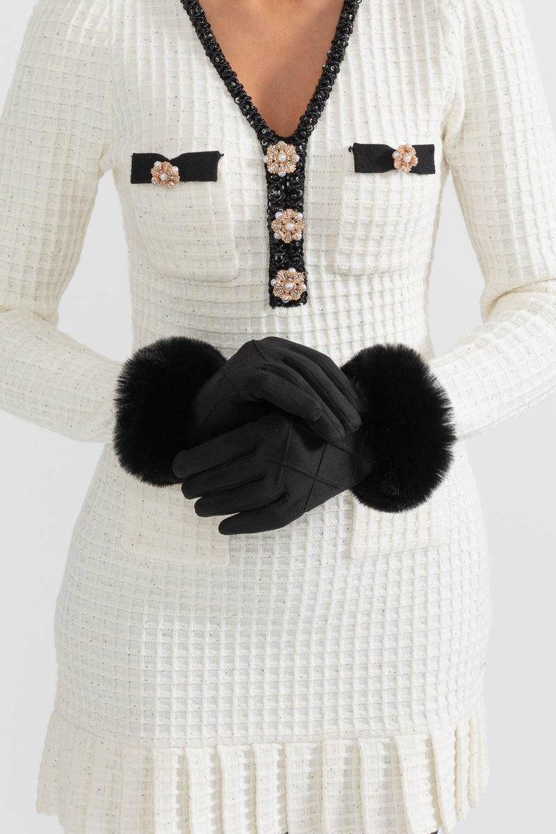 ATISSE – Women’s Black Suede Gloves – Quilted Winter Gloves with Fur Cuffs