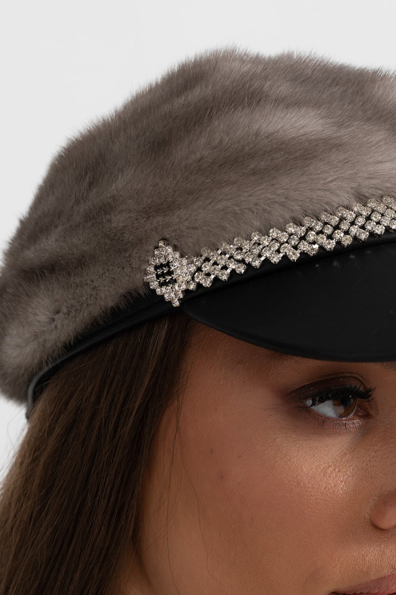 ATISSE – Women’s Gray Mink Fur Hat – Leather Visor & Silver Chain Winter Cap