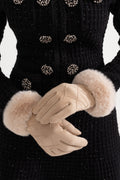ATISSE – Women’s Beige Suede Gloves – Quilted Winter Gloves with Fur Cuffs