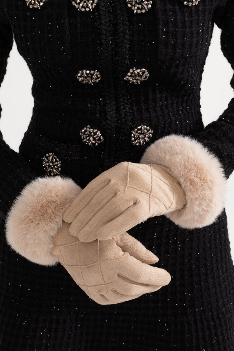 ATISSE – Women’s Beige Suede Gloves – Quilted Winter Gloves with Fur Cuffs