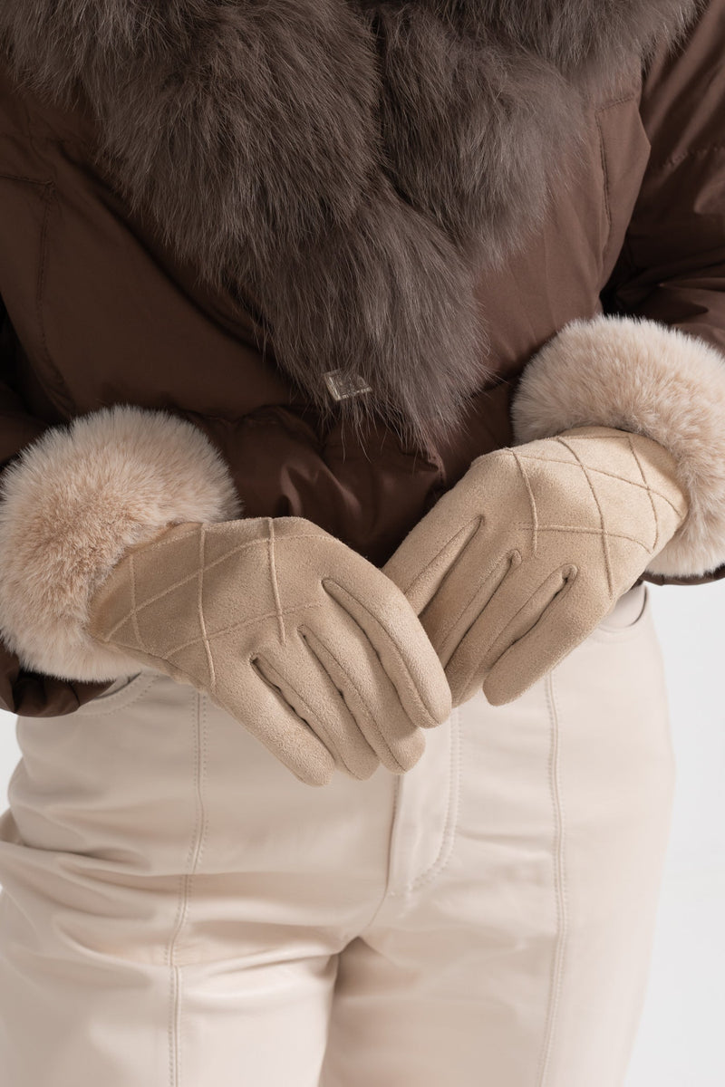 ATISSE – Women’s Beige Suede Gloves – Quilted Winter Gloves with Fur Cuffs