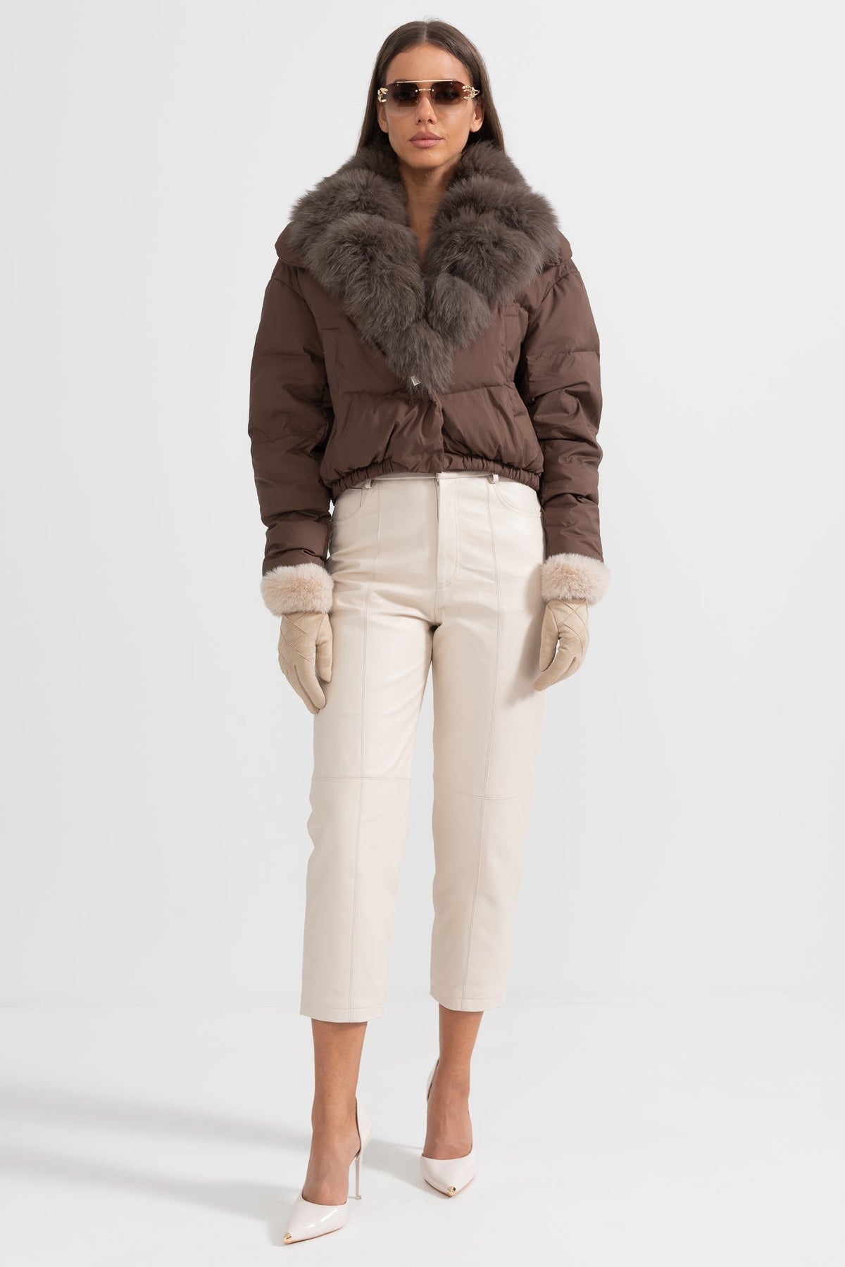 ATISSE – Women’s Brown Puffer Jacket – Brown Fox Fur Hood – Luxury Down Winter Coat