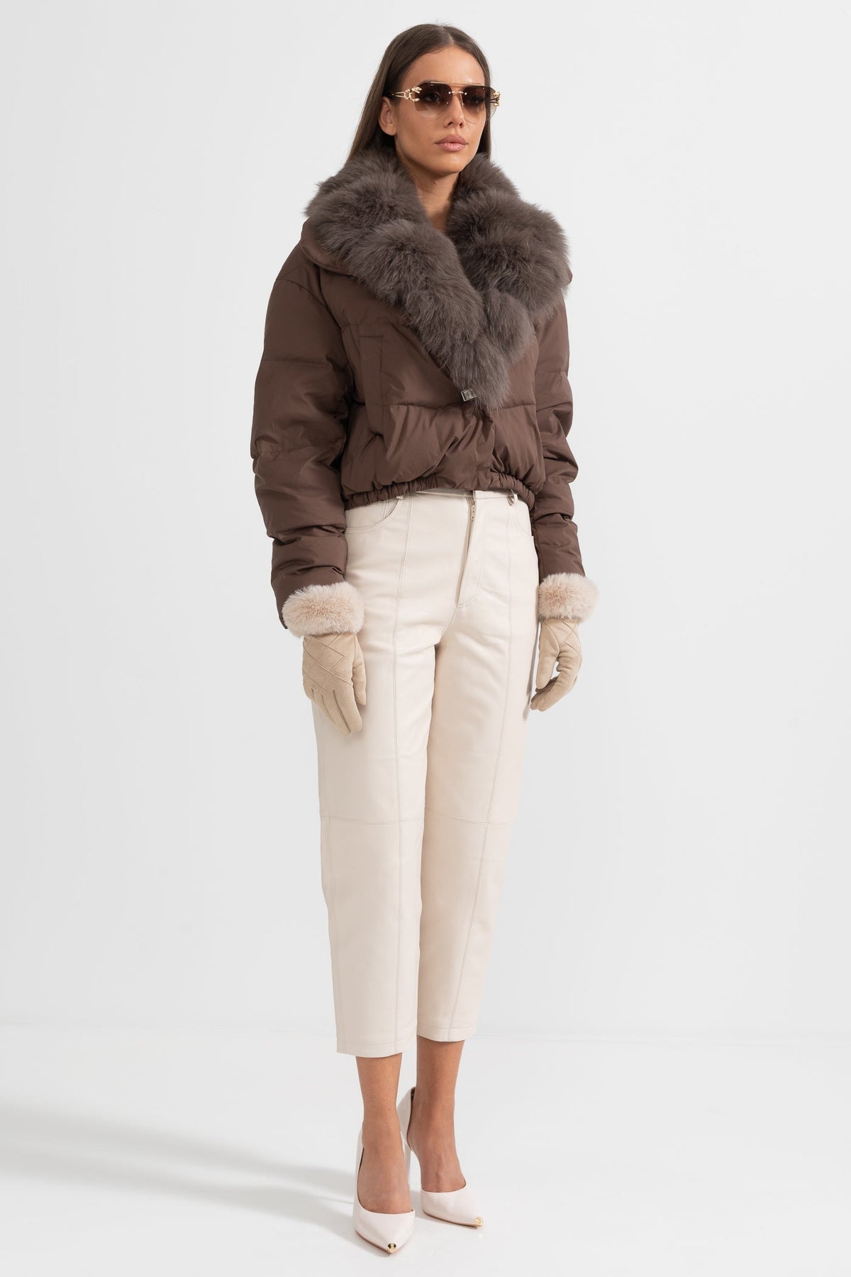 ATISSE – Women’s Brown Puffer Jacket – Brown Fox Fur Hood – Luxury Down Winter Coat