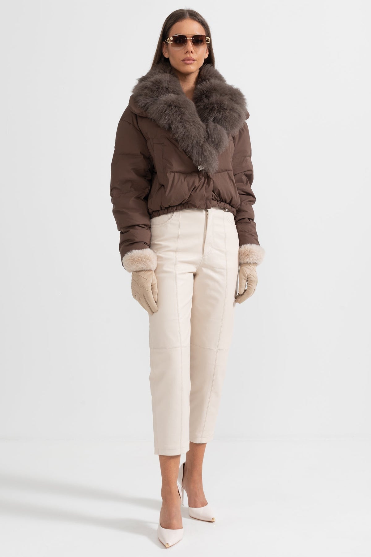 ATISSE – Women’s Brown Puffer Jacket – Brown Fox Fur Hood – Luxury Down Winter Coat