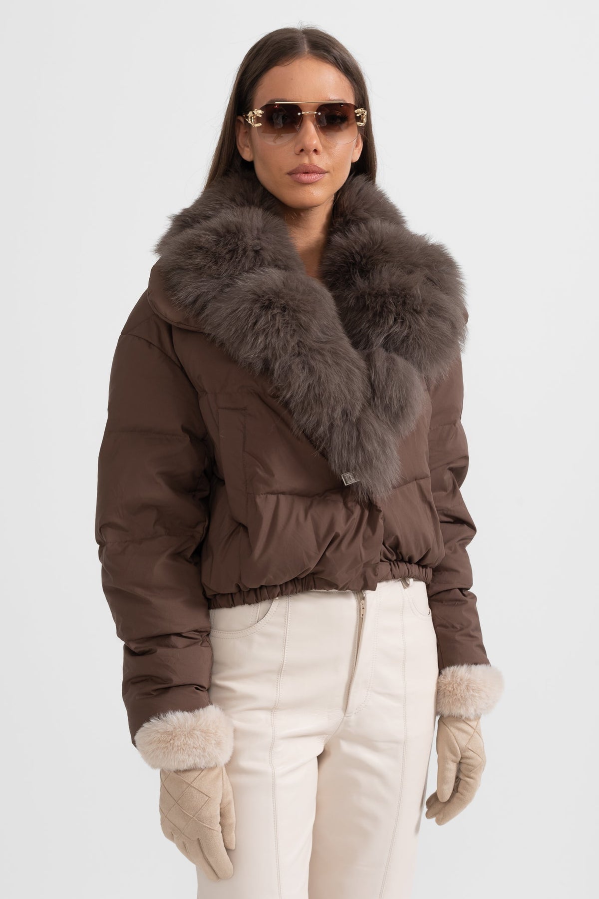 ATISSE – Women’s Brown Puffer Jacket – Brown Fox Fur Hood – Luxury Down Winter Coat