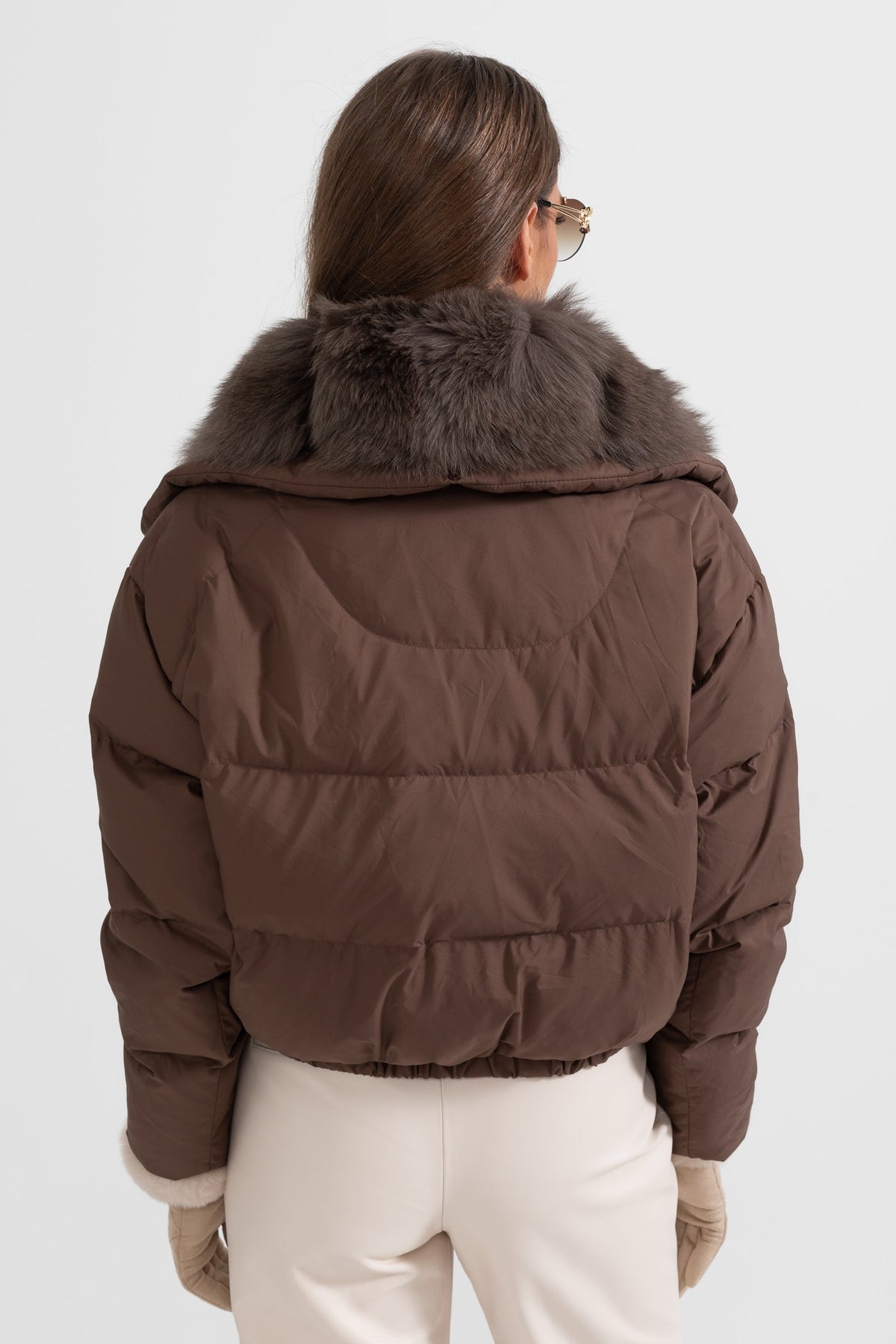 ATISSE – Women’s Brown Puffer Jacket – Brown Fox Fur Hood – Luxury Down Winter Coat