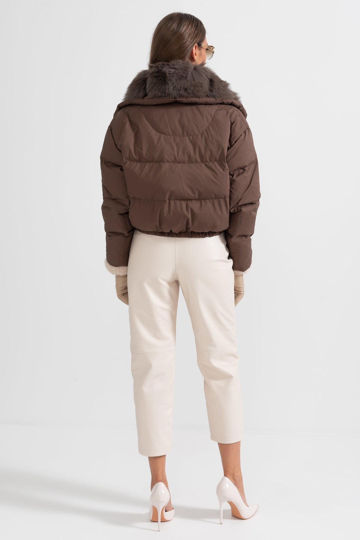 ATISSE – Women’s Brown Puffer Jacket – Brown Fox Fur Hood – Luxury Down Winter Coat