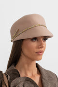 ATISSE – Women’s Beige Short Brim Hat – Gold Chain Detail Winter Hat