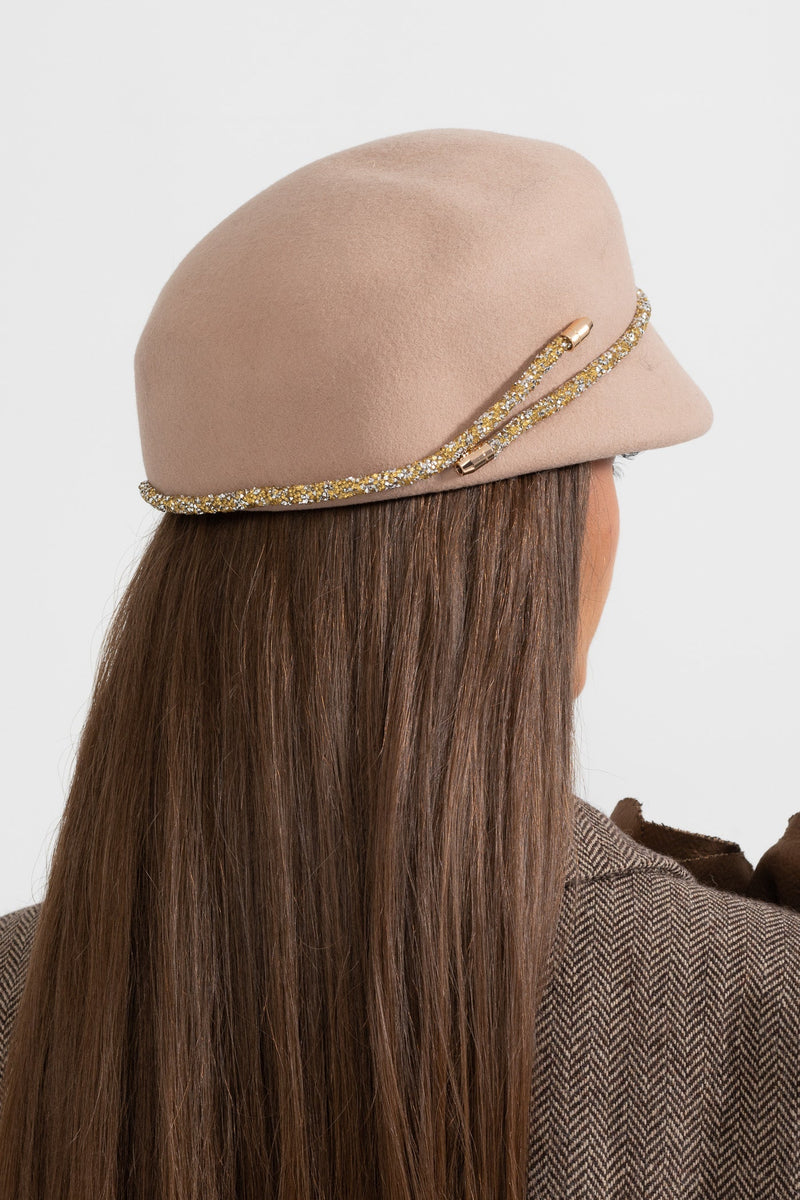 ATISSE – Women’s Beige Short Brim Hat – Gold Chain Detail Winter Hat