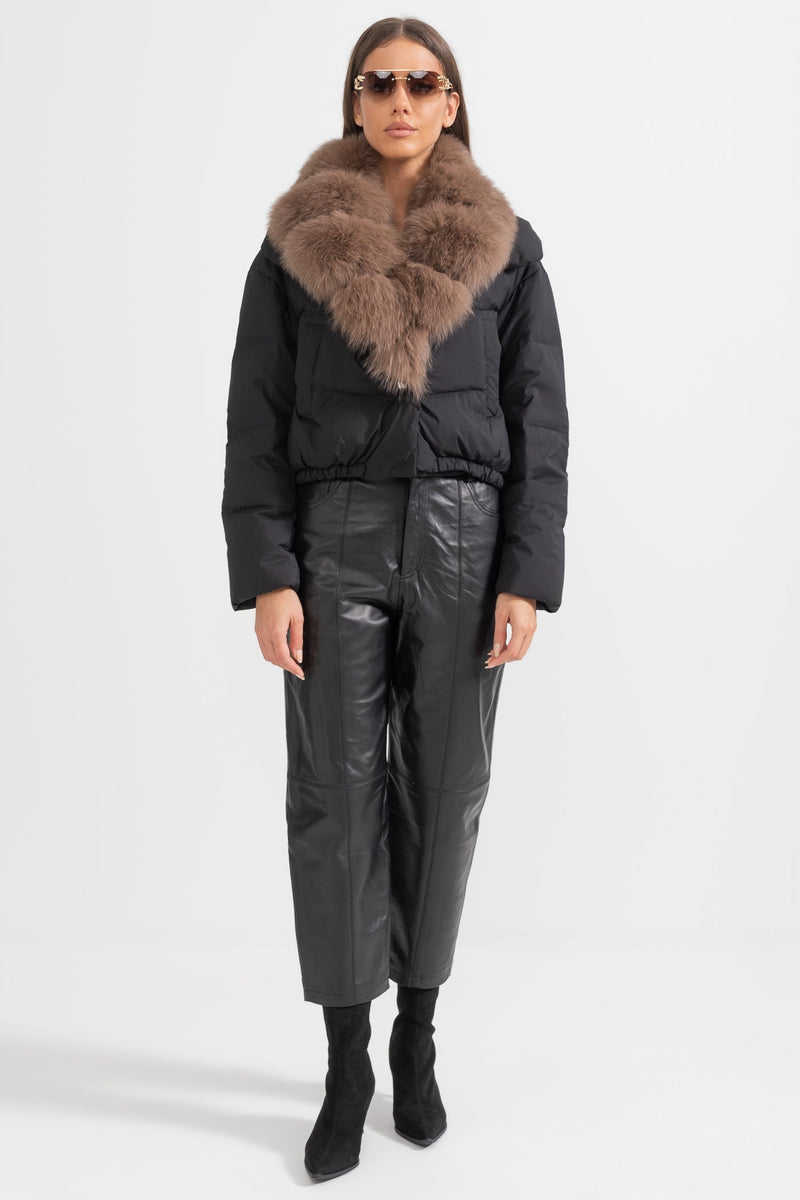 ATISSE – Women’s Black Puffer Jacket – Brown Fox Fur Hood – Luxury Down Winter Coat
