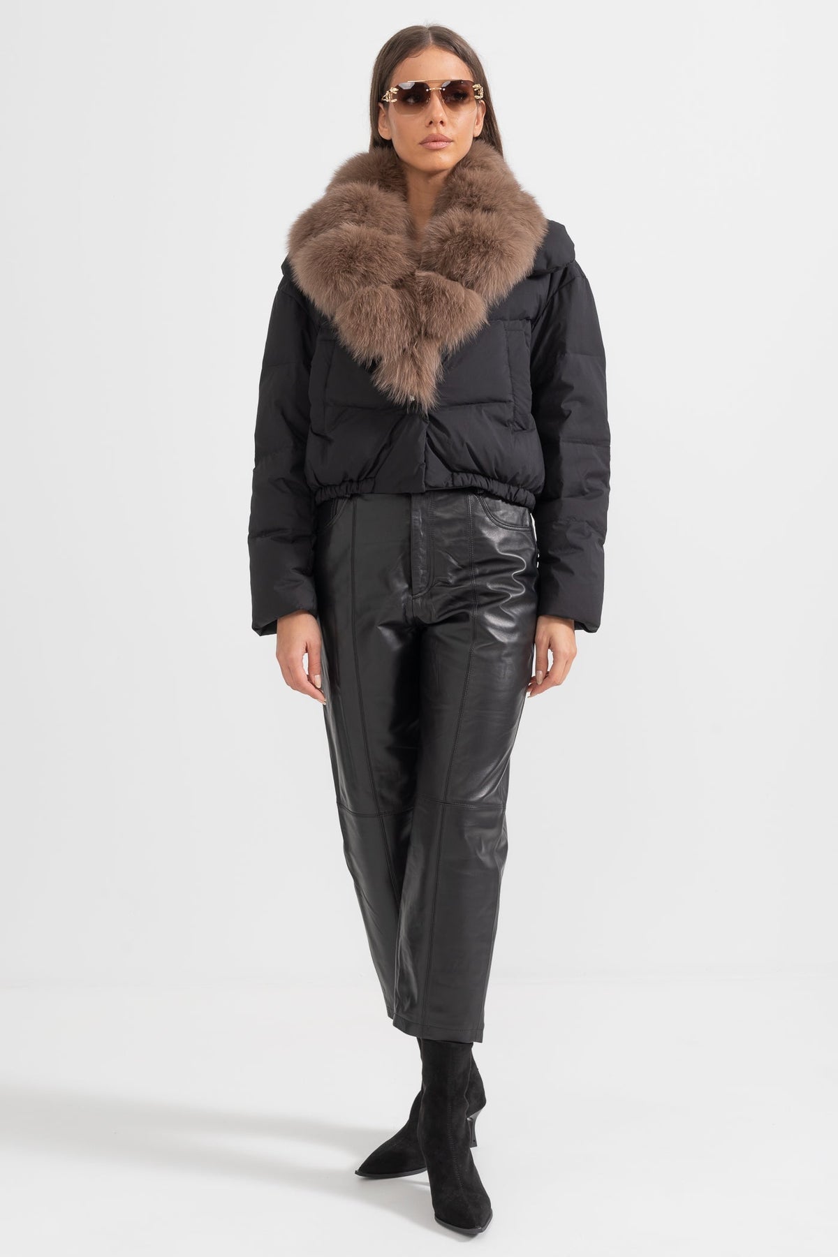 ATISSE – Women’s Black Puffer Jacket – Brown Fox Fur Hood – Luxury Down Winter Coat