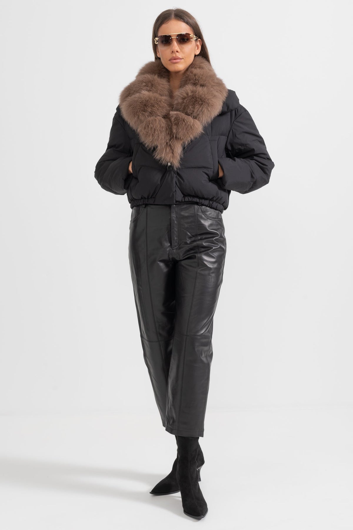 ATISSE – Women’s Black Puffer Jacket – Brown Fox Fur Hood – Luxury Down Winter Coat