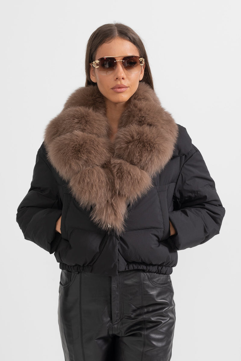 ATISSE – Women’s Black Puffer Jacket – Brown Fox Fur Hood – Luxury Down Winter Coat