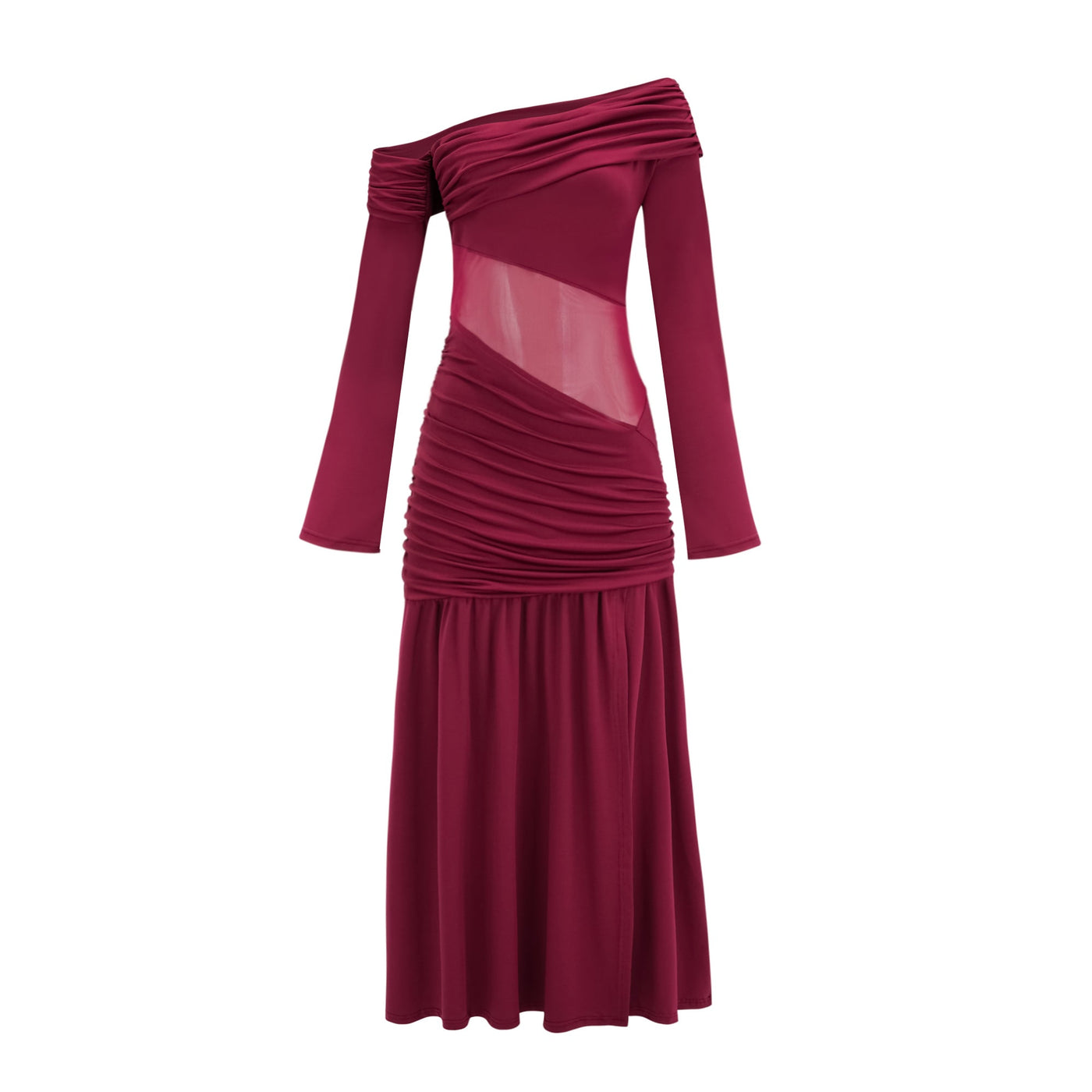 ATISSE ANASTASIA – Women's Burgundy One Shoulder Ruched Maxi Dress – Long Sleeve High Slit Evening Party Dress