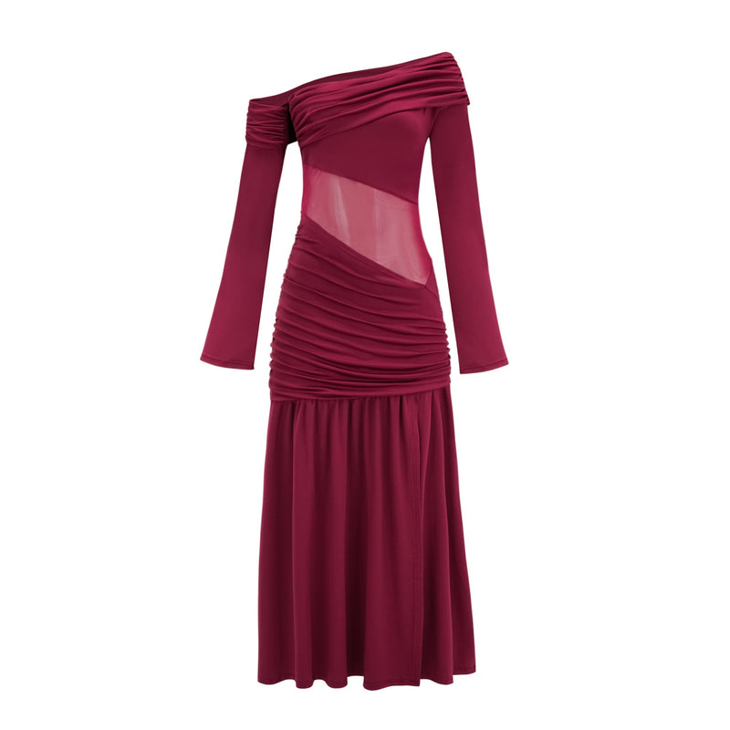 ATISSE ANASTASIA – Women's Burgundy One Shoulder Ruched Maxi Dress – Long Sleeve High Slit Evening Party Dress