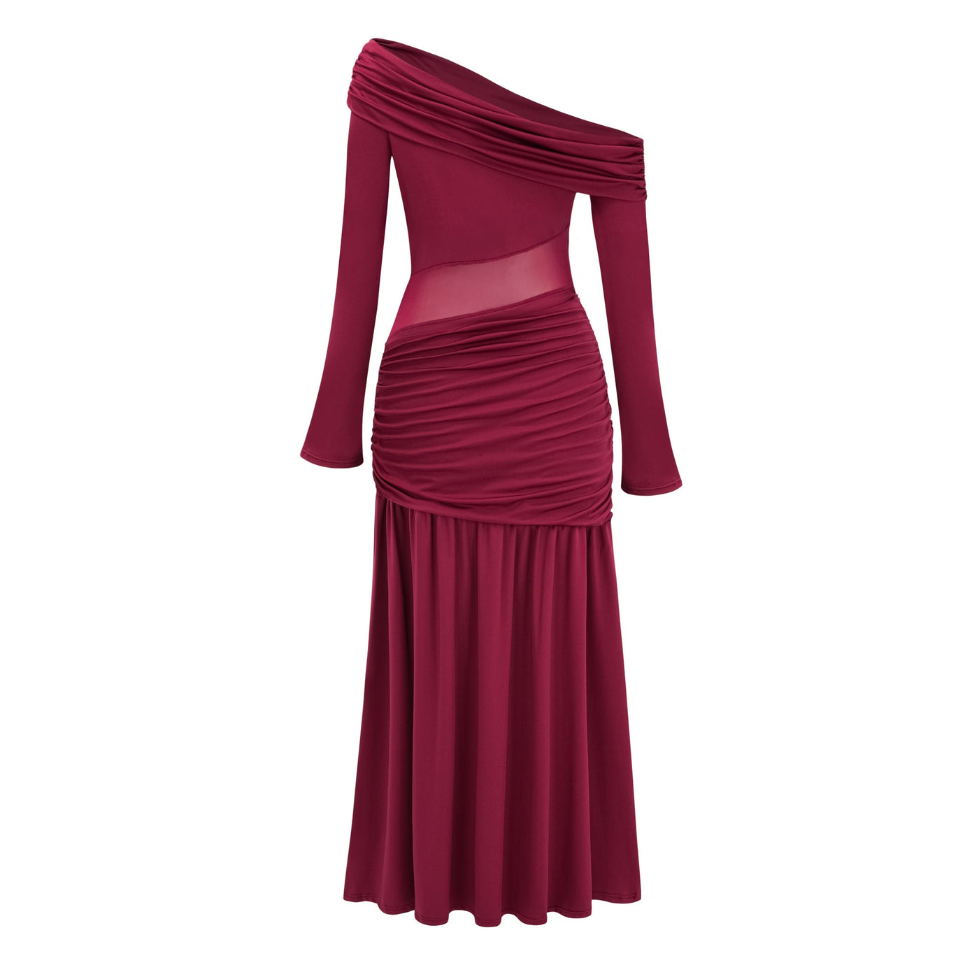ATISSE ANASTASIA – Women's Burgundy One Shoulder Ruched Maxi Dress – Long Sleeve High Slit Evening Party Dress