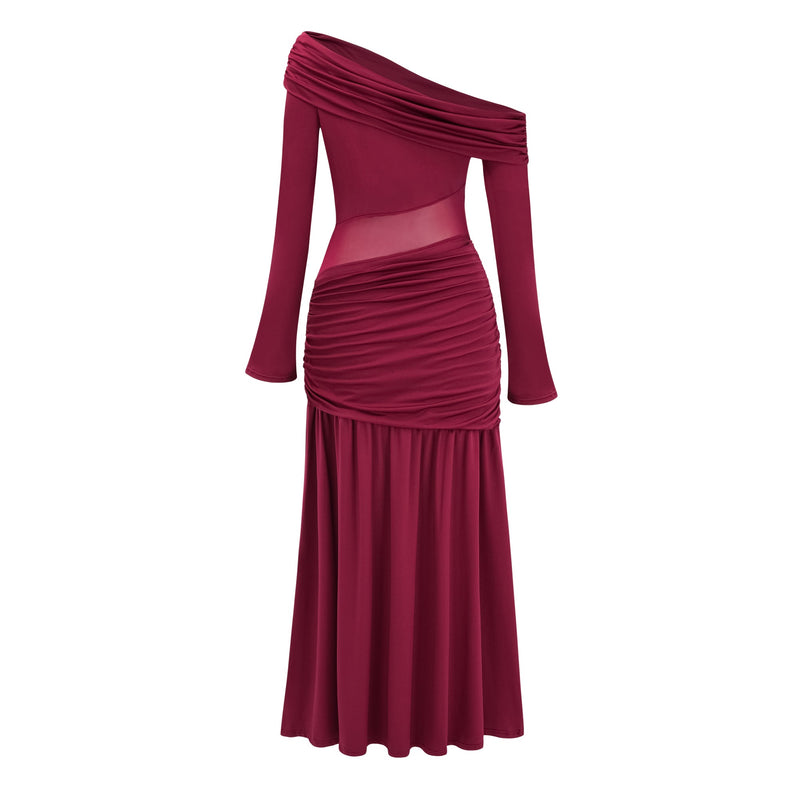 ATISSE ANASTASIA – Women's Burgundy One Shoulder Ruched Maxi Dress – Long Sleeve High Slit Evening Party Dress