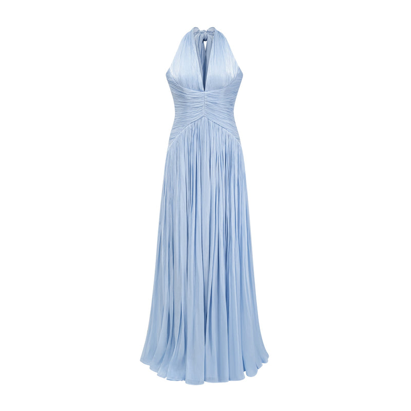 ATISSE TÉRÉBENTHINE – Vestido maxi plisado de satén con escote de pico profundo para mujer – Azul cielo