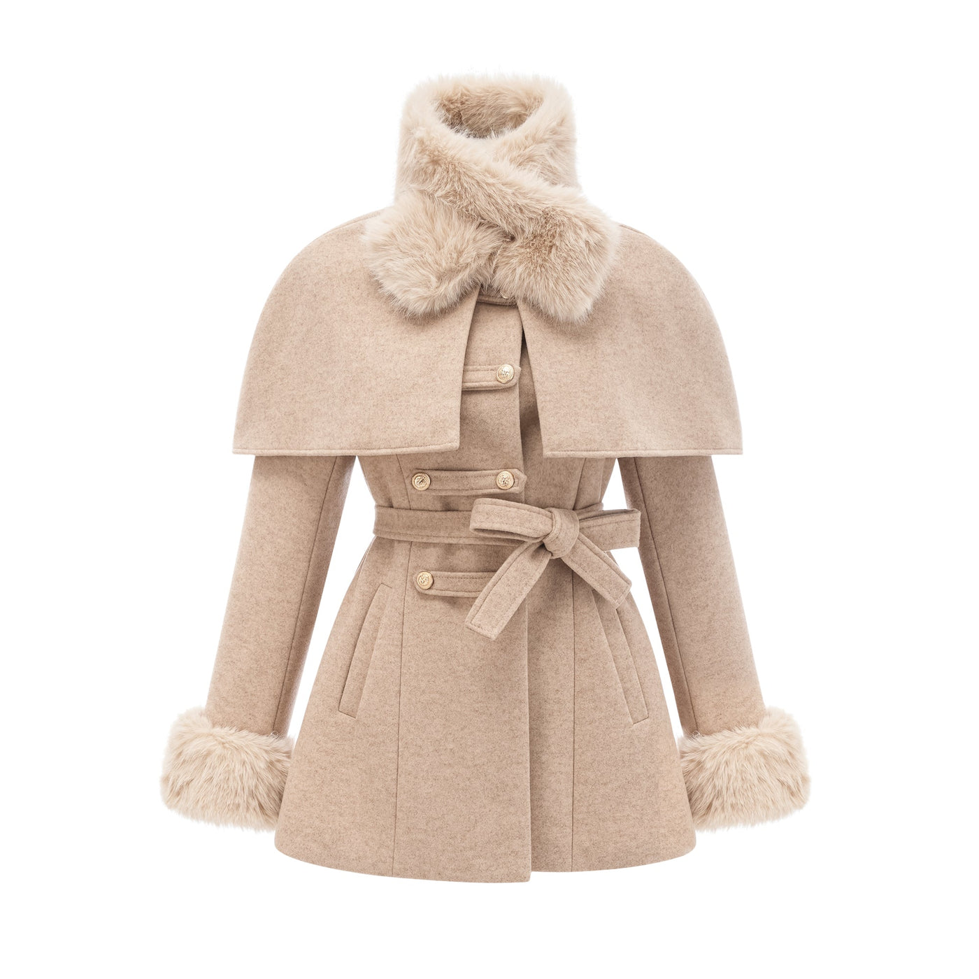 ATISSE – Women's Faux Fur Cape Coat – Luxury Detachable Cape Winter Jacket in Beige