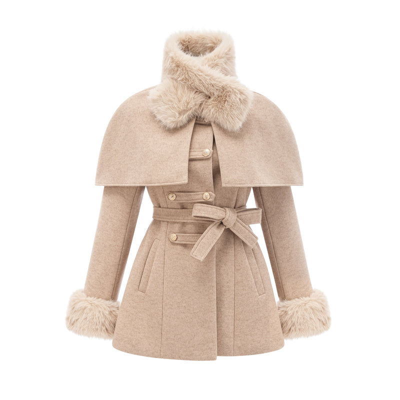 ATISSE – Women's Faux Fur Cape Coat – Luxury Detachable Cape Winter Jacket in Beige
