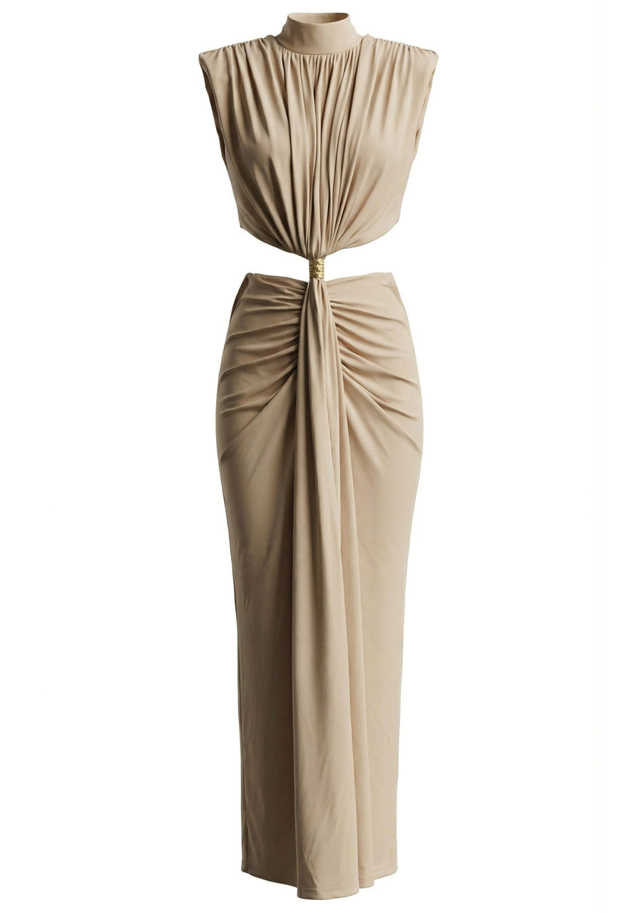 ATISSE MIRI – Drapiertes Maxikleid mit geraffter Taille für Damen – Champagnerbeige