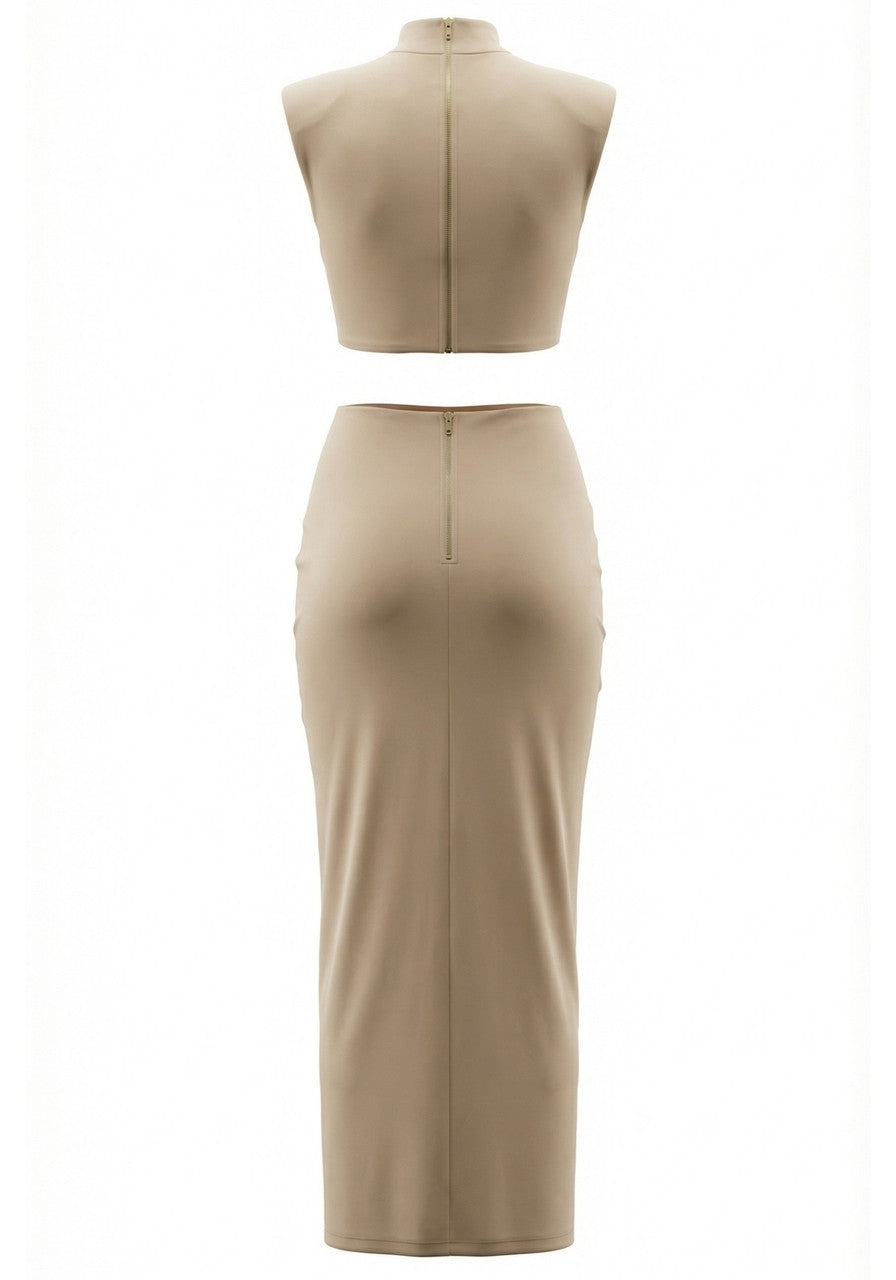 ATISSE MIRI – Drapiertes Maxikleid mit geraffter Taille für Damen – Champagnerbeige
