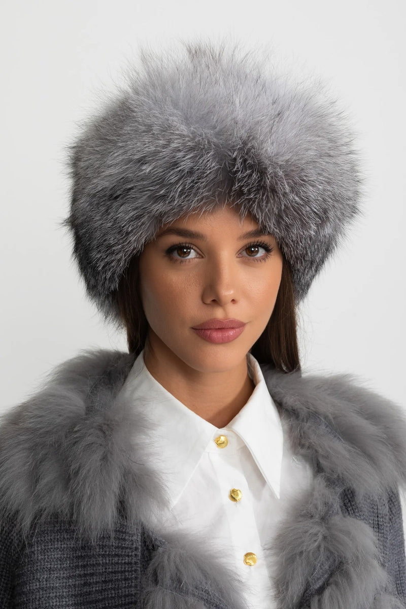 ATISSE – Women’s Grey Fox Fur Hat – Real Fur Trim & Pom-Pom Tie Winter Hat