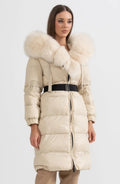 ATISSE – Women’s Long Puffer Jacket – White Fox Fur Hood – Ivory Down Winter Coat