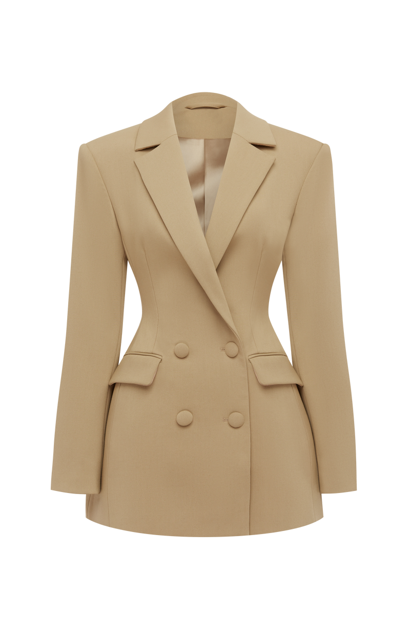 ATISSE – ELVIRA – Women’s Sand Blazer Mini Dress – Tailored Double-Breasted Long Sleeve Dress