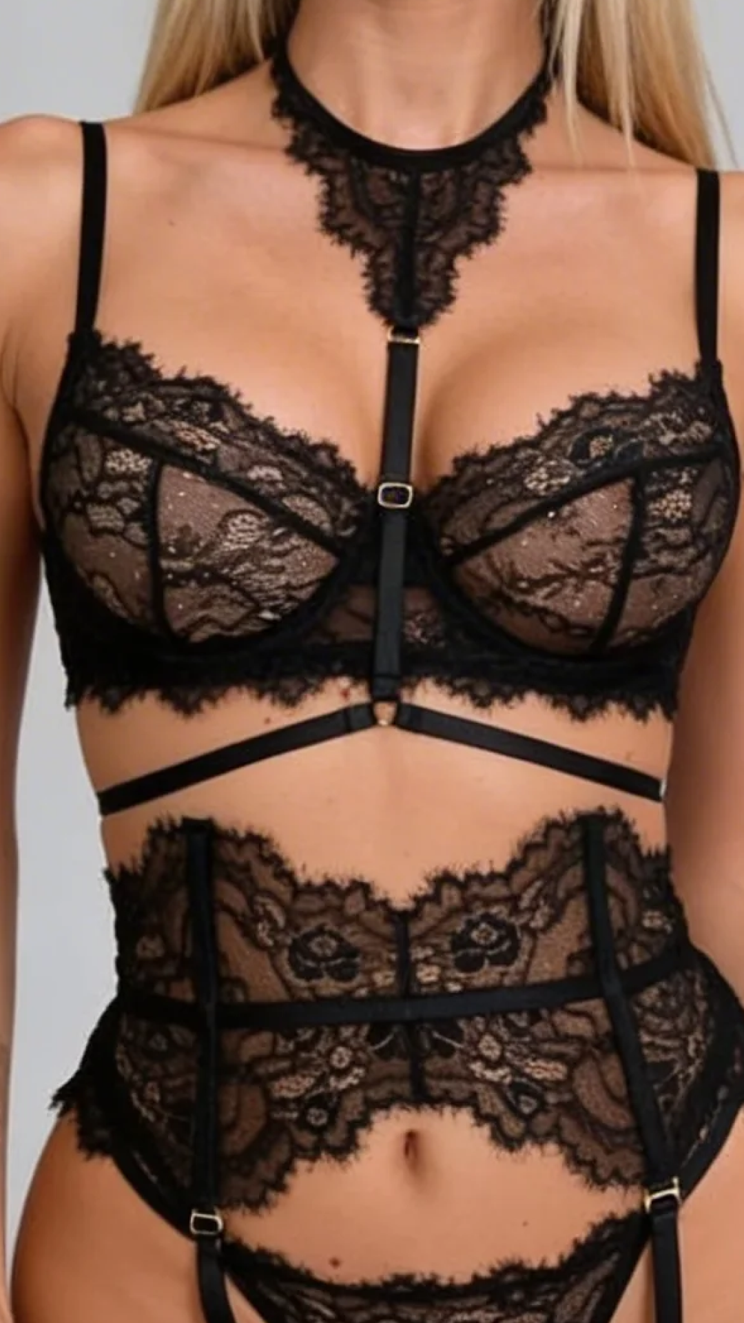 ATISSE – Women's 4-Piece Floral Lace Lingerie Set – Underwire Bra, Thong, Garter Belt & Choker
