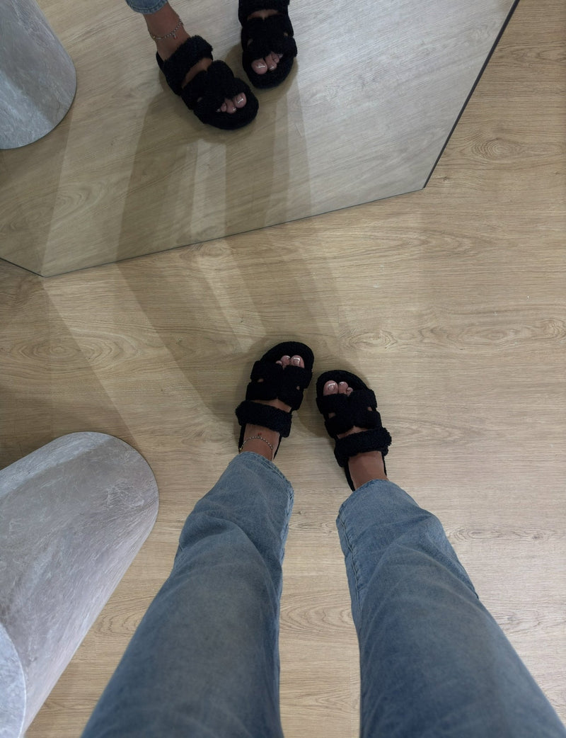 ATISSE LUNARA – Sandalias de pala de pelo sintético para mujer – Zapatillas mullidas con tiras cruzadas