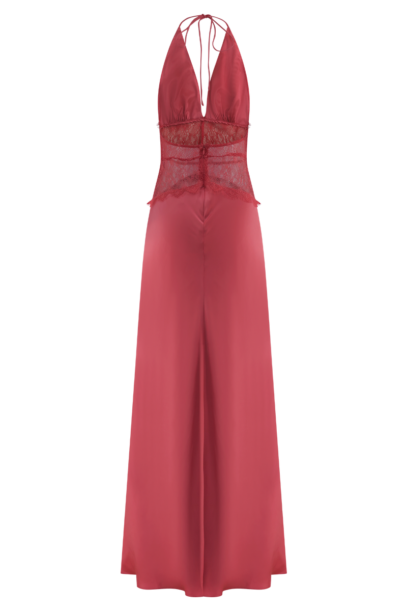 ATISSE DINAH – Damen Maxikleid aus Satin und Spitze mit Neckholder und offener Rückenpartie – Puderrosa