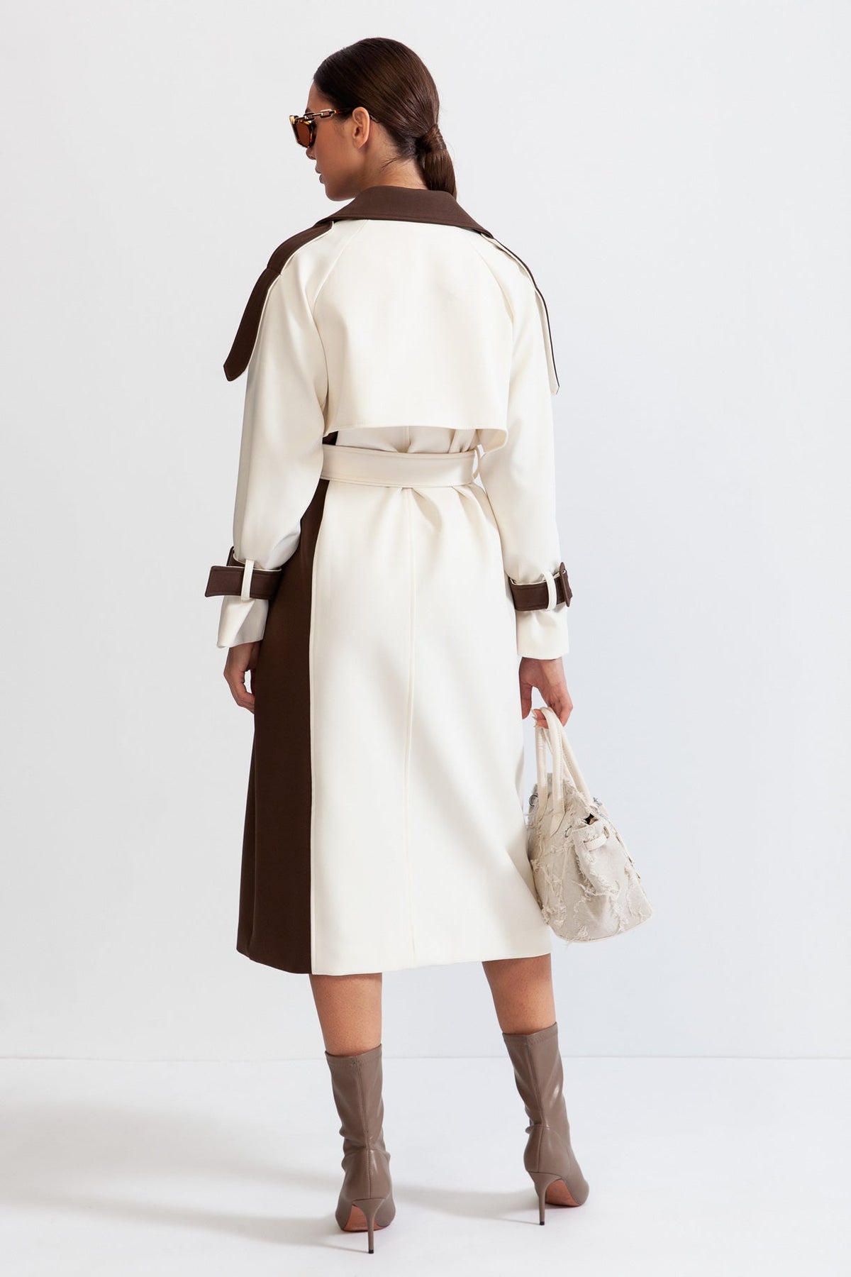 ATISSE – Women's Cream & Brown Two-Tone Trench Coat – Double-Breasted Long Belted Color Block Coat