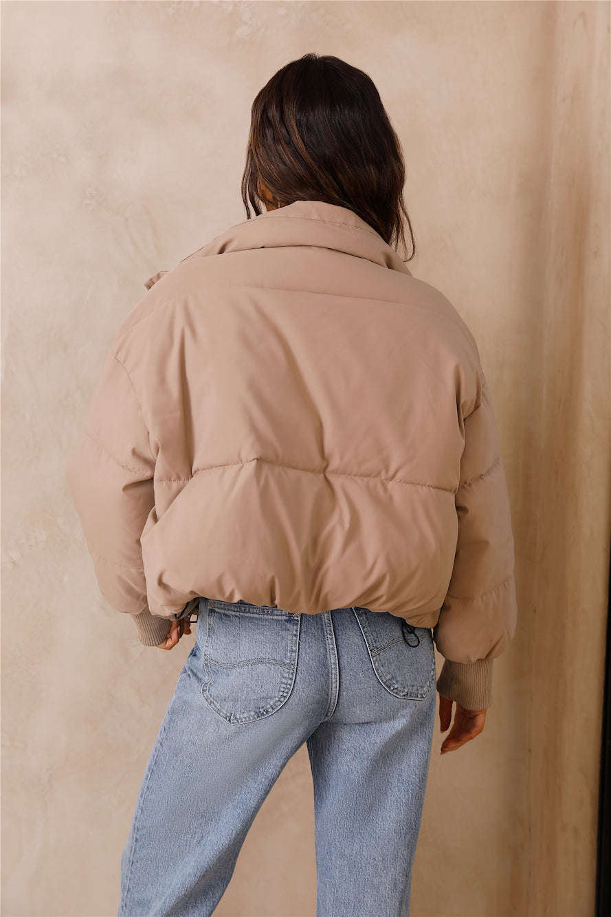 ATISSE – Women's Oversized Puffer Jacket – Beige Winter Zip-Up Coat with High Collar