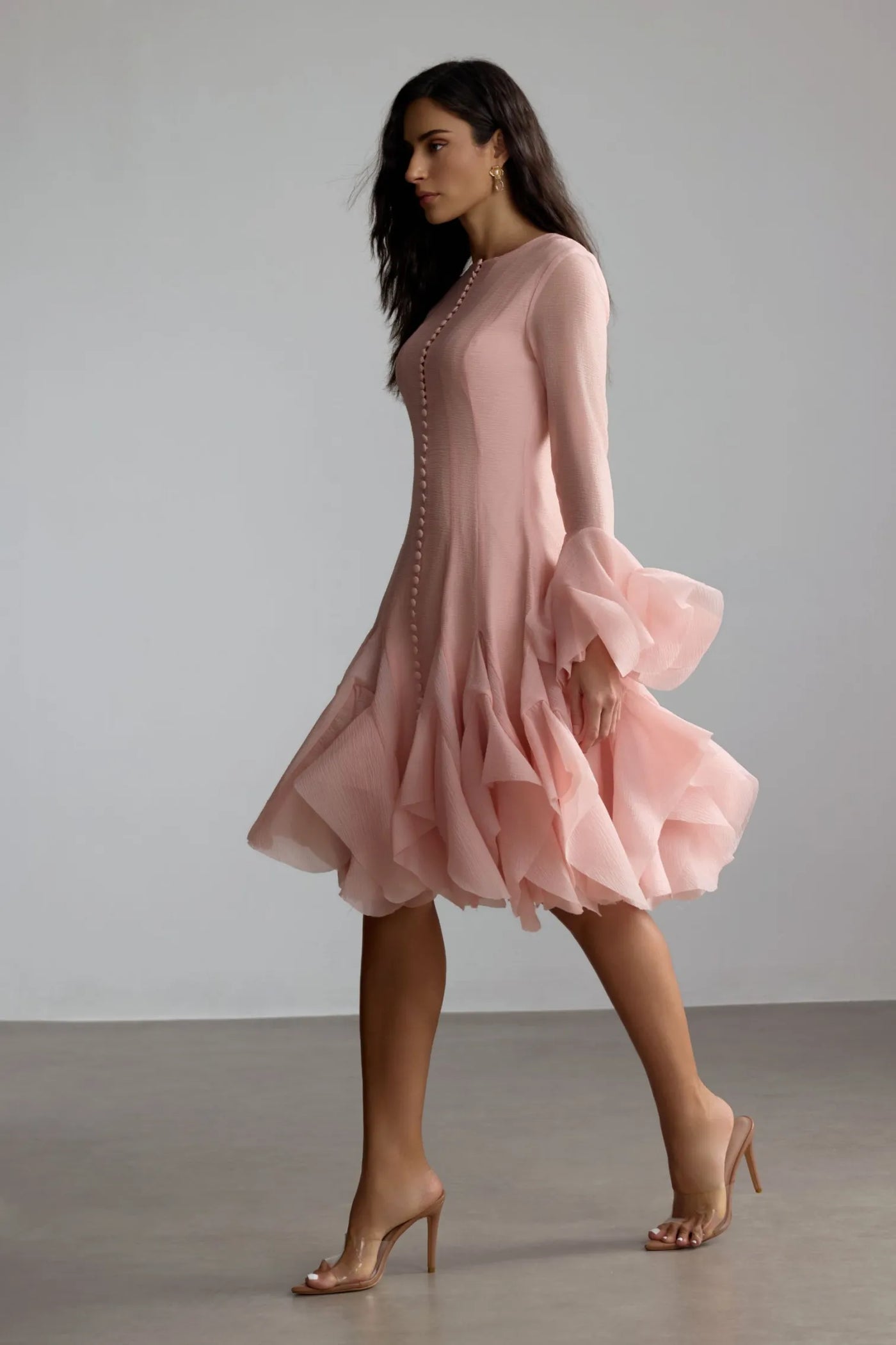 ATISSE CARTER – Vestido midi con volantes para mujer – Vestido de fiesta rosa empolvado de manga larga