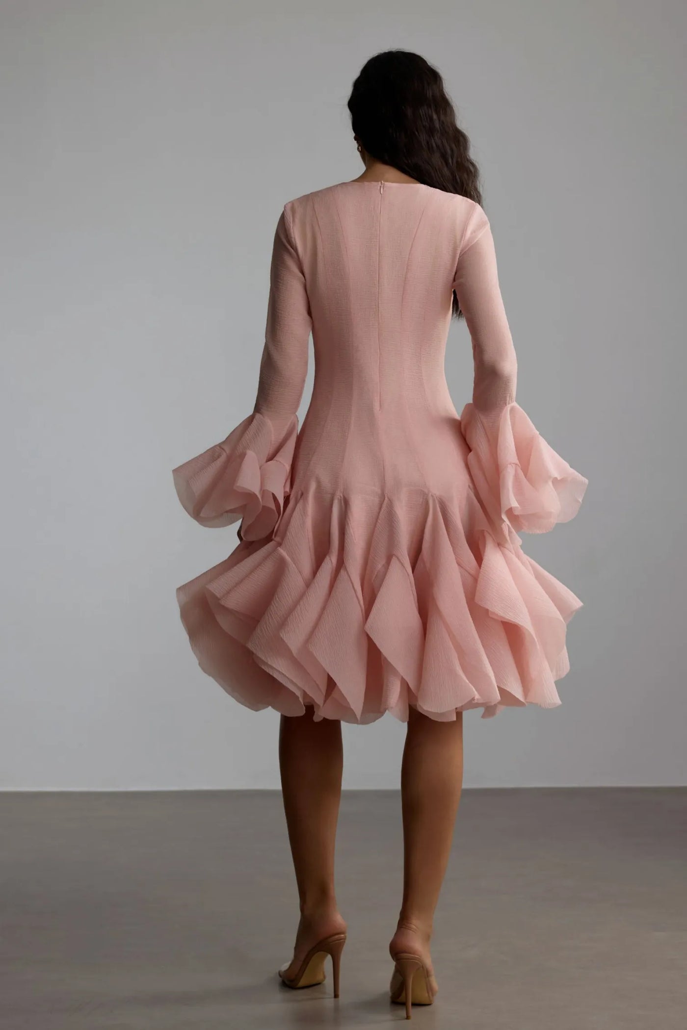 ATISSE CARTER – Vestido midi con volantes para mujer – Vestido de fiesta rosa empolvado de manga larga