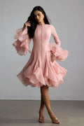 ATISSE CARTER – Vestido midi con volantes para mujer – Vestido de fiesta rosa empolvado de manga larga