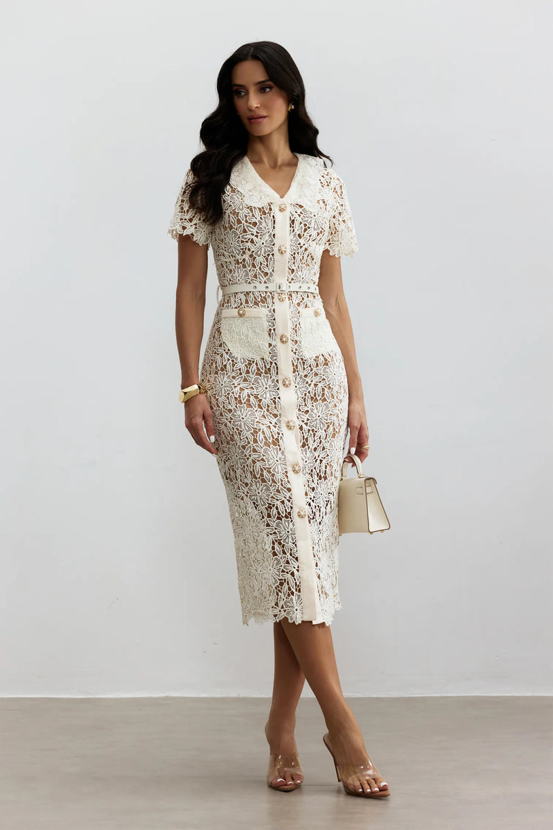ATISSE KARMEN – Vestido midi de encaje bordado para mujer – Marfil
