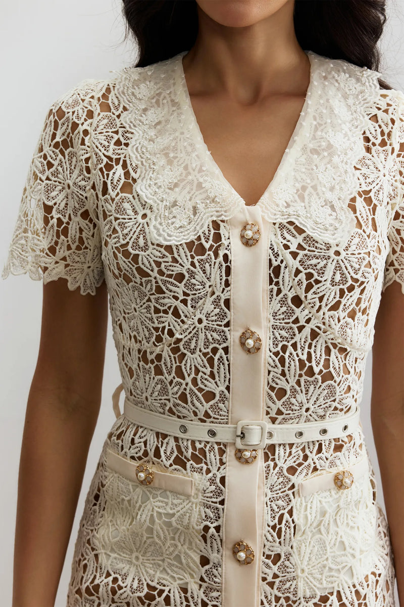 ATISSE KARMEN – Vestido midi de encaje bordado para mujer – Marfil