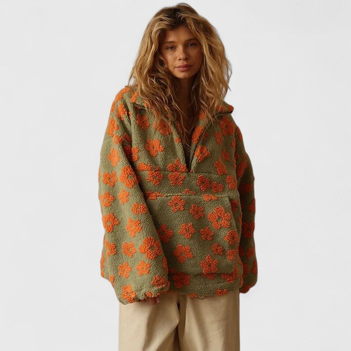 ATISSE DELYSANNE – Women's Floral Print Sherpa Fleece Pullover – Oversized Quarter Zip Teddy Sweatshirt