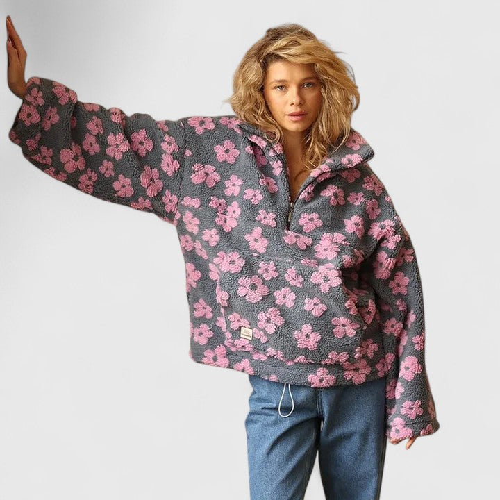 ATISSE DELYSANNE – Women's Floral Print Sherpa Fleece Pullover – Oversized Quarter Zip Teddy Sweatshirt
