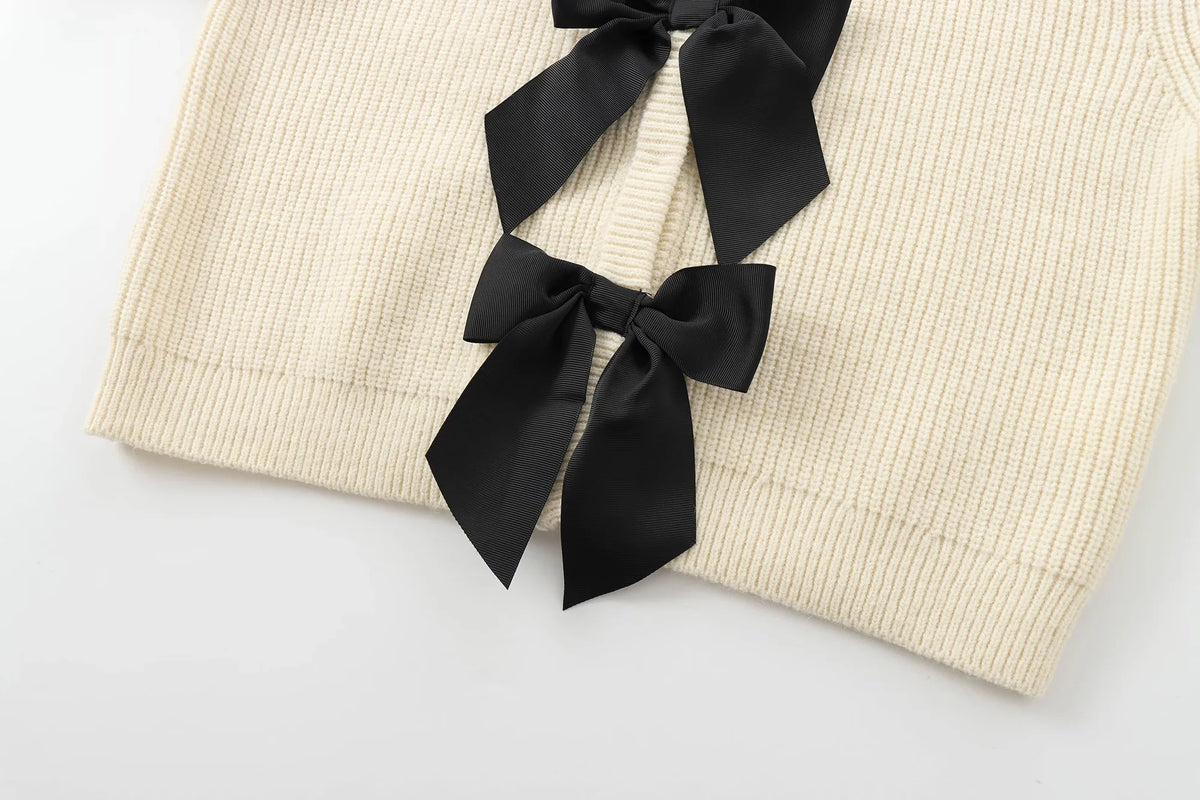 ATISSE – Women’s Cream Knit Cardigan – Black Bow Front Sweater
