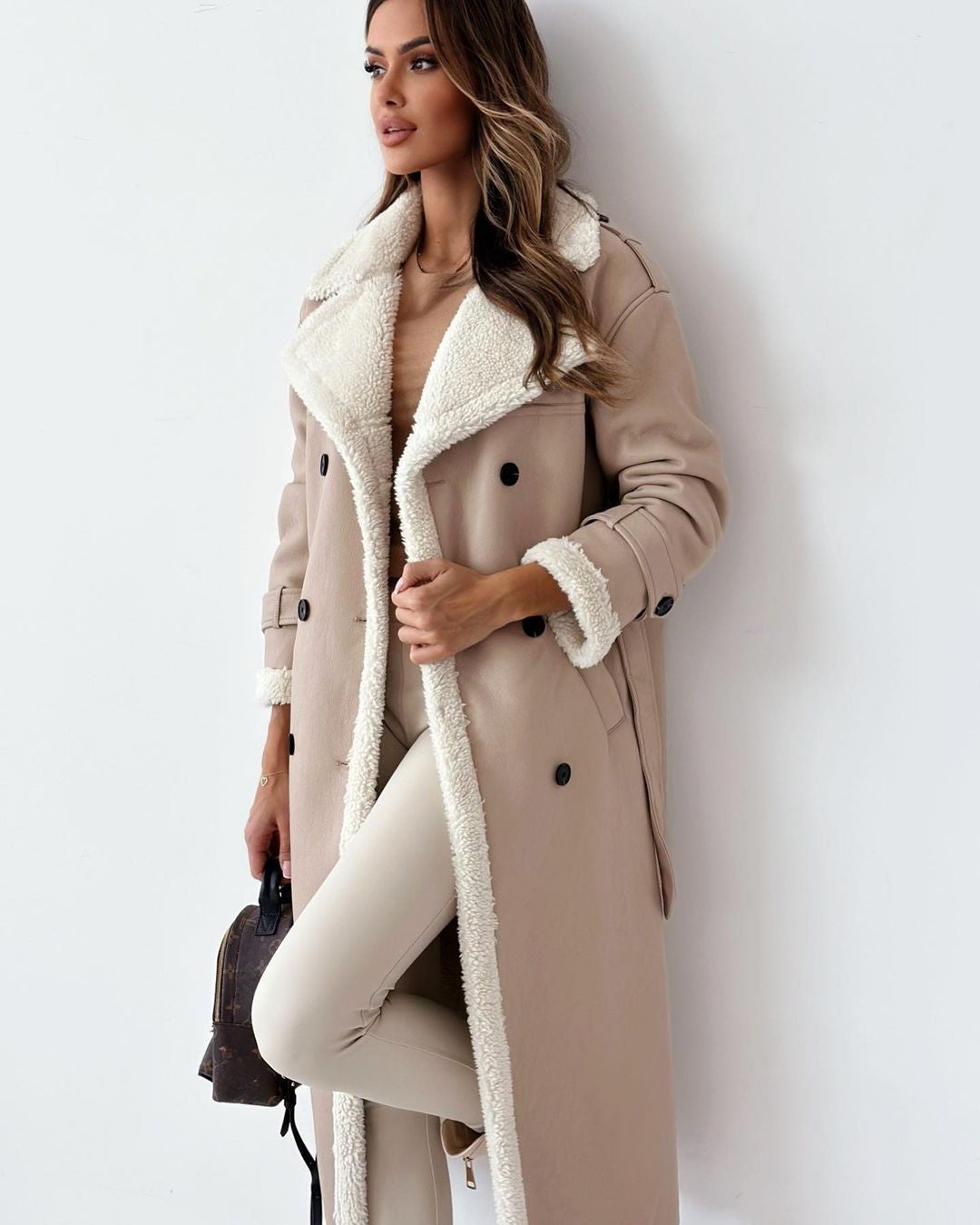 ATISSE – Women's Luxury Teddy Coat – Double-Breasted Faux Shearling Trench Coat – Warm Winter Outerwear