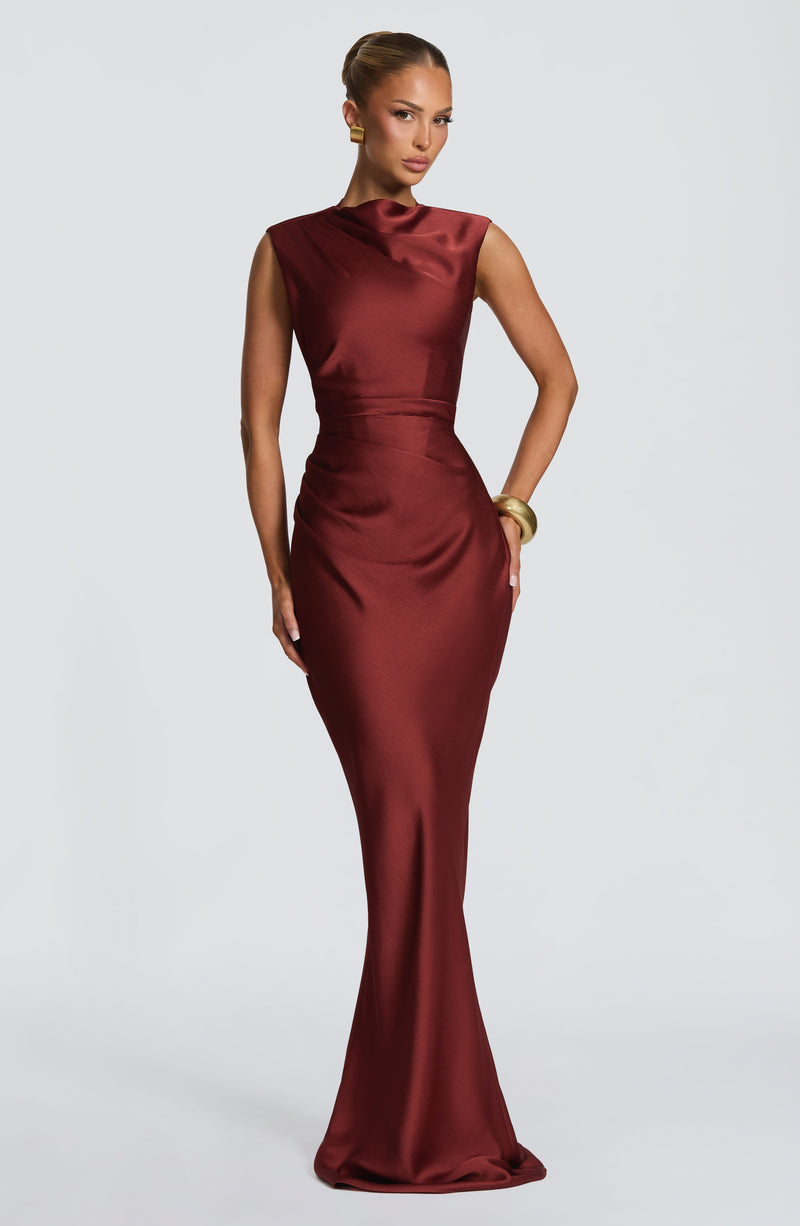 ATISSE AVIELLE – Women's Satin Maxi Dress – Deep Rust Evening Gown