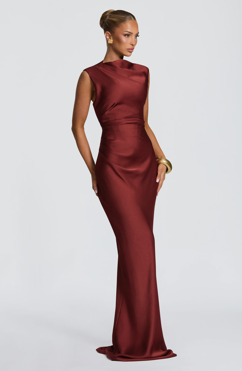 ATISSE AVIELLE – Women's Satin Maxi Dress – Deep Rust Evening Gown